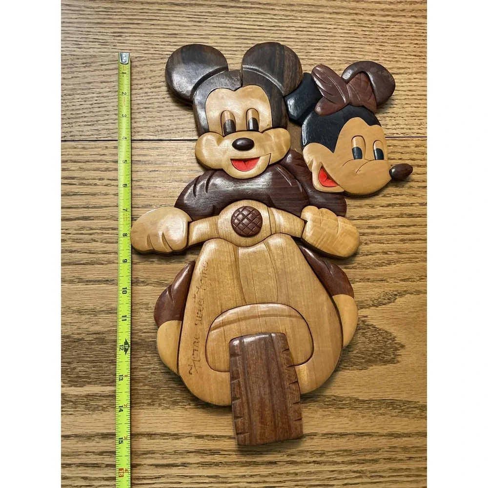 Disney Mickey Minnie Mouse Scooter Intarsia Wood Wall Art Handcrafted 15.5x11